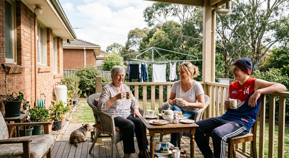 An adult daughter and her elderly mother laughing over tea at the kitchen table